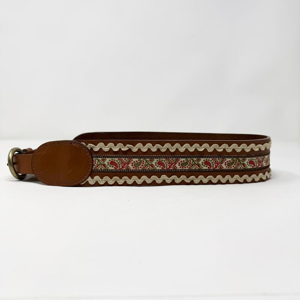 Brown Leather Folk Belt Paisley Fabric Rickrack Festival Ren Faire Peasant Sz M - Picture 3 of 12